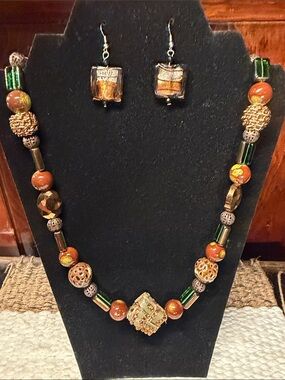 Artisan Brown and Green Beaded Necklace with Matching Earrings